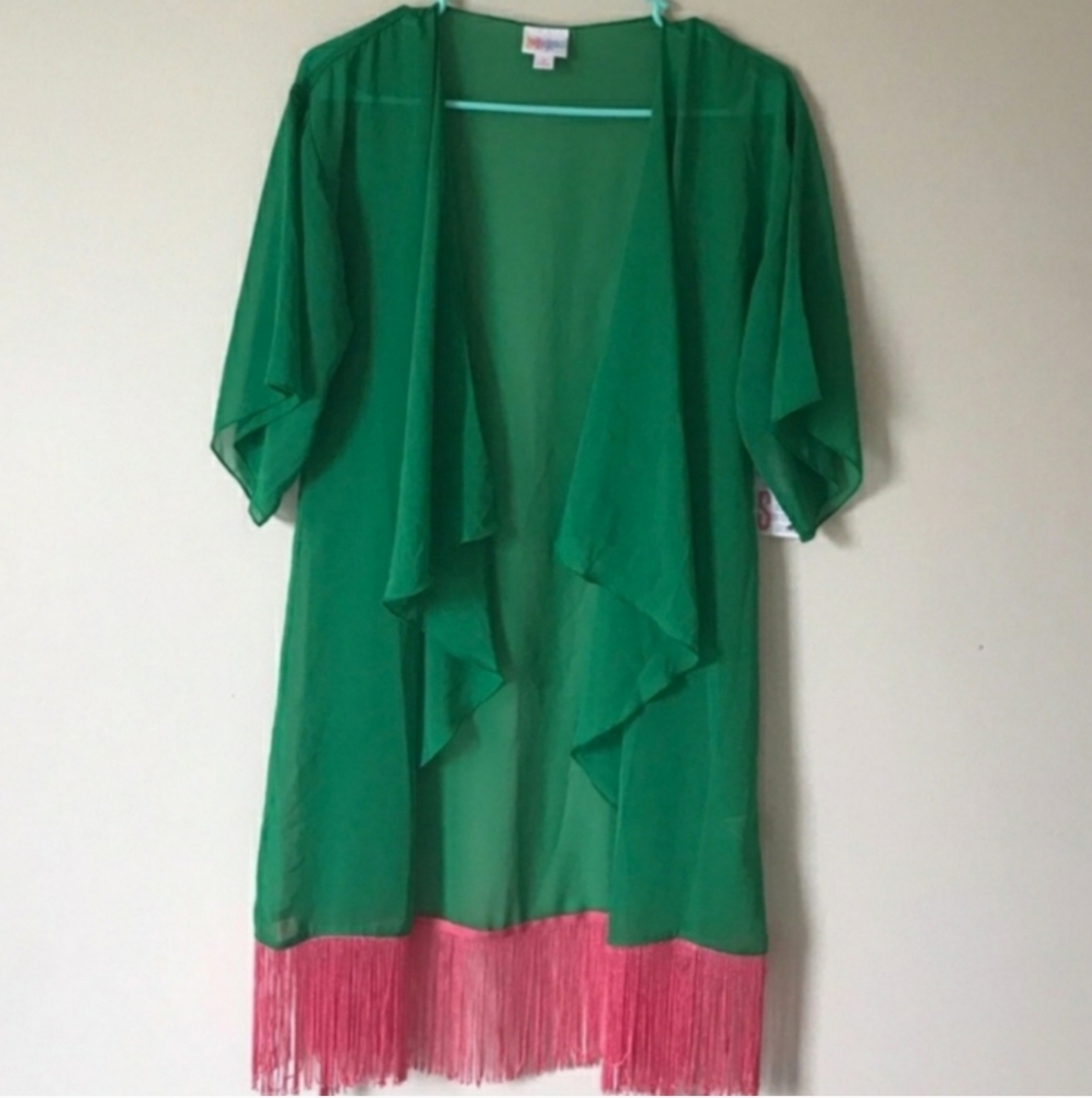 NWT Retired LULAROE Monroe Green Pink Fringe Kimono Swim Cover-Up S Fits 0-12
